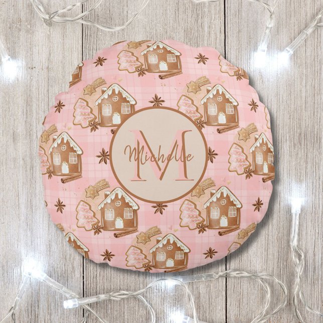 Kerst Bruin peperkoek Huis Roze Plaid Bomen Rond Kussen (Creator heeft geüpload)