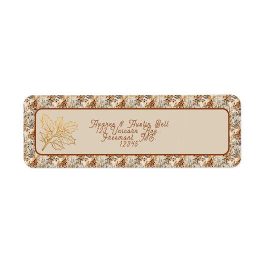 Kerst Bruine Achtergrond Met Gouden Holly Leaf Etiket (Voorkant)