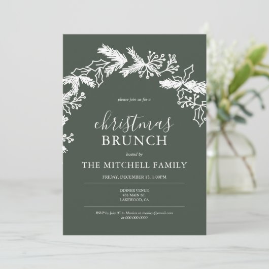 Kerst Brunch Dennen Bes Krans Groen Kaart (Staand voorkant)