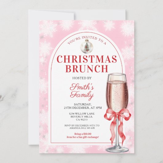 Kerst Brunch Feest Rode Strik Wijn Roze Gingham Kaart (Voorkant)
