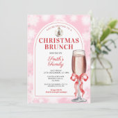 Kerst Brunch Feest Rode Strik Wijn Roze Gingham Kaart (Staand voorkant)