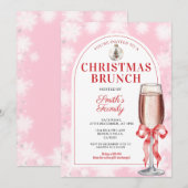 Kerst Brunch Feest Rode Strik Wijn Roze Gingham Kaart (Voorkant / Achterkant)