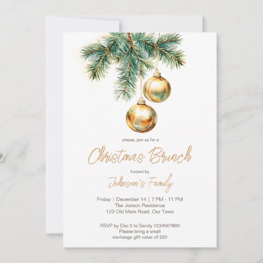 Kerst brunch gouden kerstballen dennen kaart (Voorkant)