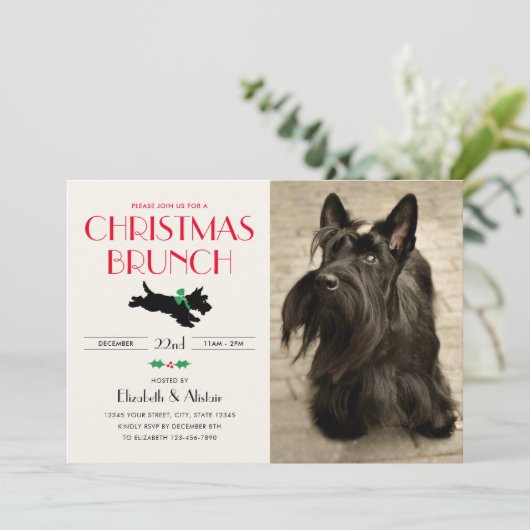 Kerst Brunch Party Scottie Hond Foto Rood Kaart (Staand voorkant)