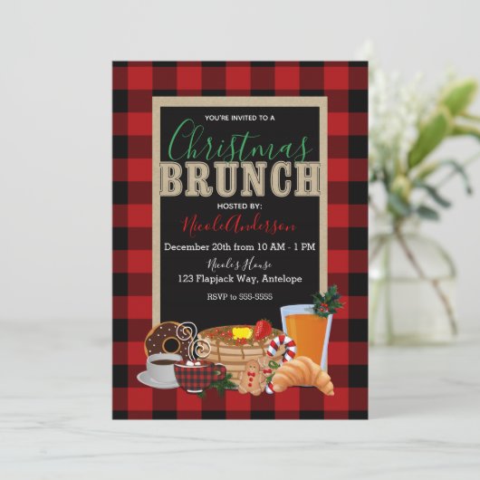 Kerst Brunch Rustiek Rood Zwart Buffalo Plaid Kaart (Staand voorkant)