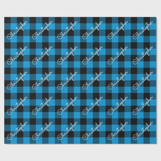 Kerst Buffalo Plaid Custom Name Rustic Blue Cadeaupapier (Vlak)
