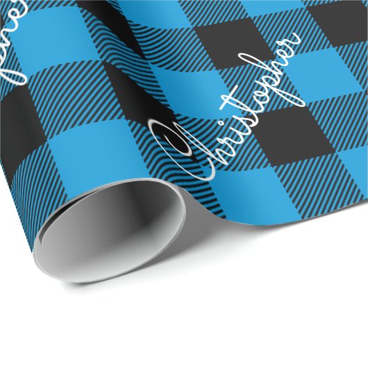 Kerst Buffalo Plaid Custom Name Rustic Blue Cadeaupapier (Rol Hoek)