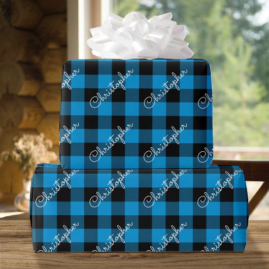 Kerst Buffalo Plaid Custom Name Rustic Blue Cadeaupapier