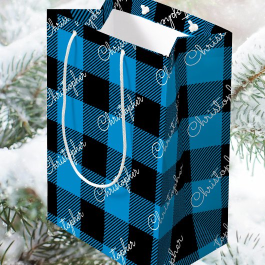 Kerst Buffalo Plaid Custom Name Rustic Blue Medium Cadeauzakje
