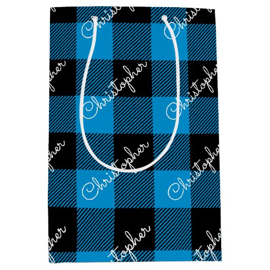 Kerst Buffalo Plaid Custom Name Rustic Blue Medium Cadeauzakje (Voorkant)