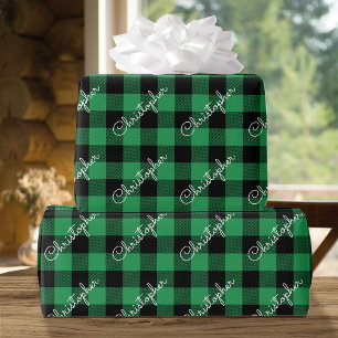 Kerst Buffalo Plaid Custom Name Rustic Green Cadeaupapier