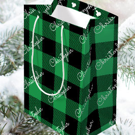 Kerst Buffalo Plaid Custom Name Rustic Green Medium Cadeauzakje