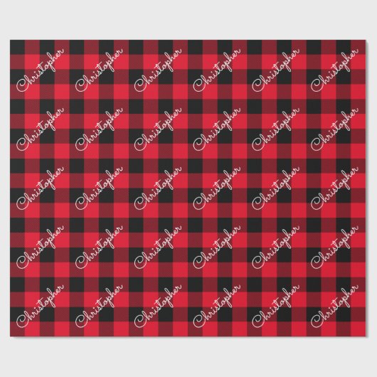 Kerst Buffalo Plaid Custom Name Rustic Red Cadeaupapier (Vlak)