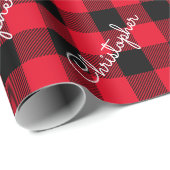 Kerst Buffalo Plaid Custom Name Rustic Red Cadeaupapier (Rol Hoek)