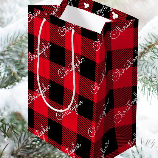 Kerst Buffalo Plaid Custom Name Rustic Red Medium Cadeauzakje