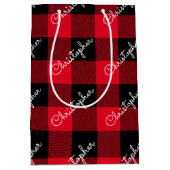 Kerst Buffalo Plaid Custom Name Rustic Red Medium Cadeauzakje (Voorkant)