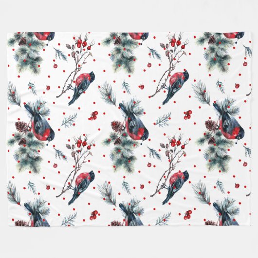Kerst Bull-finch & Evergreens Patroon Fleece Deken (Voorkant (Horizontaal))