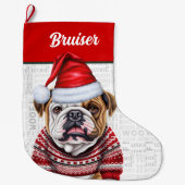 Kerst Bulldog met de naam Woof Achtergrond Grote Kerstsok (Voorkant)