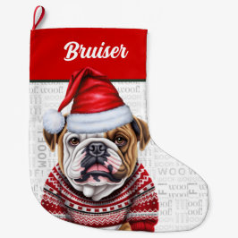 Kerst Bulldog met de naam Woof Achtergrond Grote Kerstsok