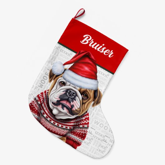 Kerst Bulldog met de naam Woof Achtergrond Grote Kerstsok (Voorkant (Hangend))