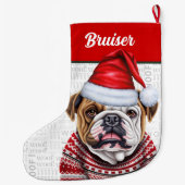 Kerst Bulldog met de naam Woof Achtergrond Grote Kerstsok (Achterkant)