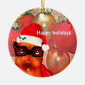 Kerst Bulldog op een kerstbal achtergrond Keramisch Ornament (Voorkant)