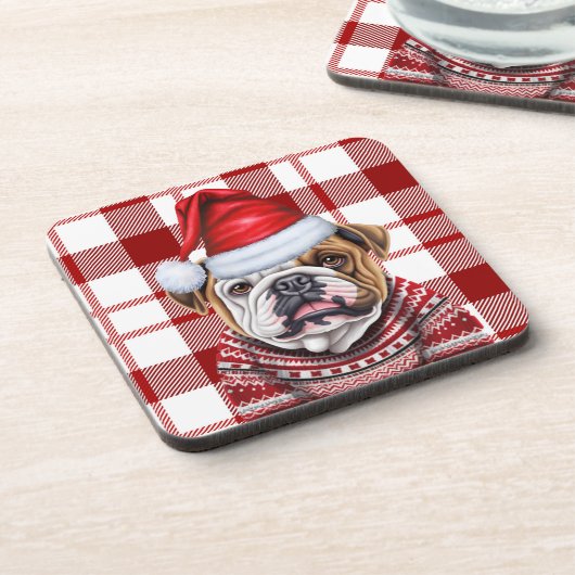 Kerst Bulldog Red Plaid Vakantie Bier Onderzetter (Linkerzijde)