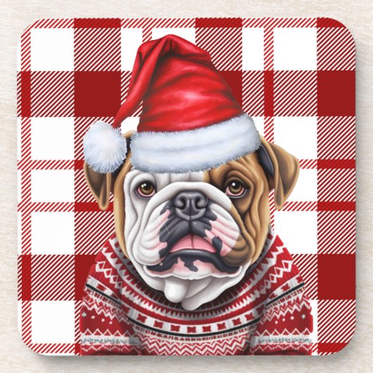 Kerst Bulldog Red Plaid Vakantie Bier Onderzetter (Voorkant)