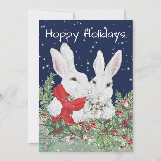 Kerst Bunny Rabbit Schattigee Vakantie Snow Holly Feestdagenkaart (Voorkant)