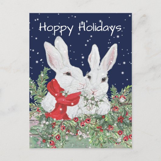 Kerst Bunny Rabbits Snowy Holly Berry Vakantie Feestdagenkaart (Voorkant)