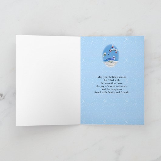 Kerst, buren, blauwe vogel en sneeuw feestdagen kaart (Binnen)