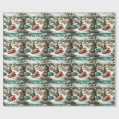 Kerst Buurt Auto's Huizen MCM Cadeaupapier (Vlak)