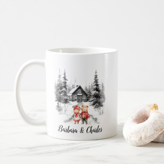 Kerst Cabin Bossen Pas getrouwd paar minimalistisc Koffiemok (Met donut)