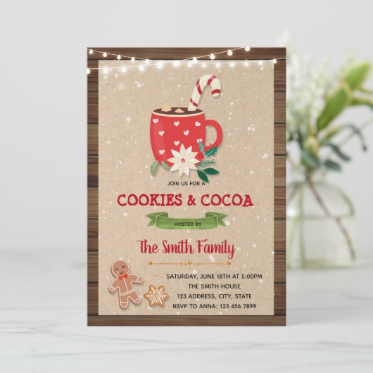 Kerst cacao en koekjes thema uitnodiging (Staand voorkant)