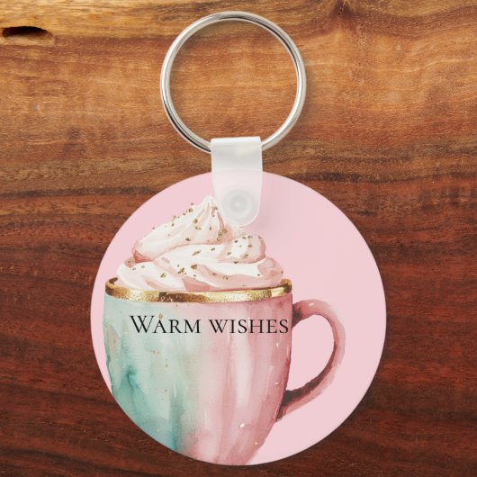 Kerst Cacao Goud Blush Roze Munt Warm Wishes Sleutelhanger (Voorkant)