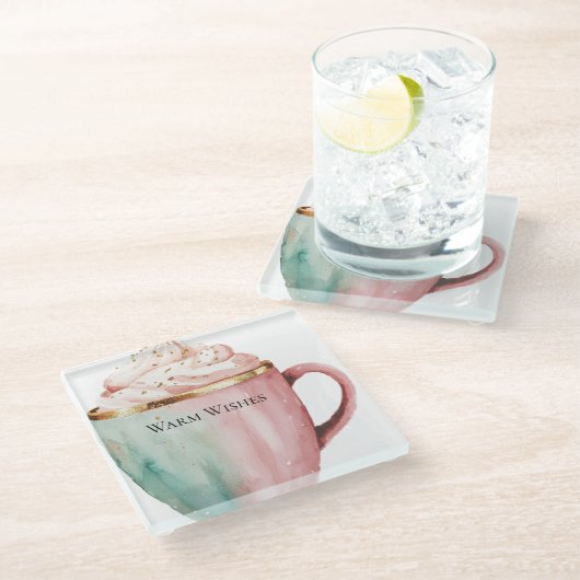 Kerst Cacao Goud Roze Munt Warm Wishes Glazen Onderzetter (Schuin)