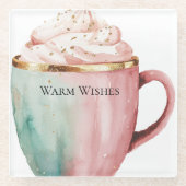 Kerst Cacao Goud Roze Munt Warm Wishes Glazen Onderzetter (Voorkant)