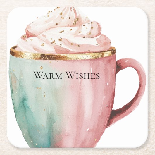 Kerst Cacao Goud Roze Munt Warm Wishes Kartonnen Onderzetters (Voorkant)