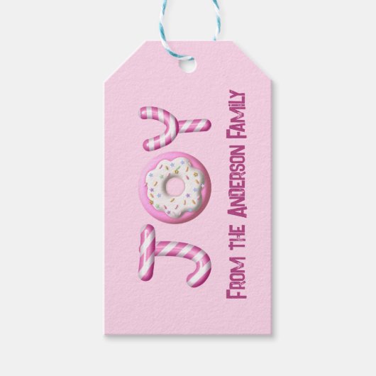 Kerst cadeau Label | Joy Candy Cane Pink Custom Cadeaulabel (Voorkant)