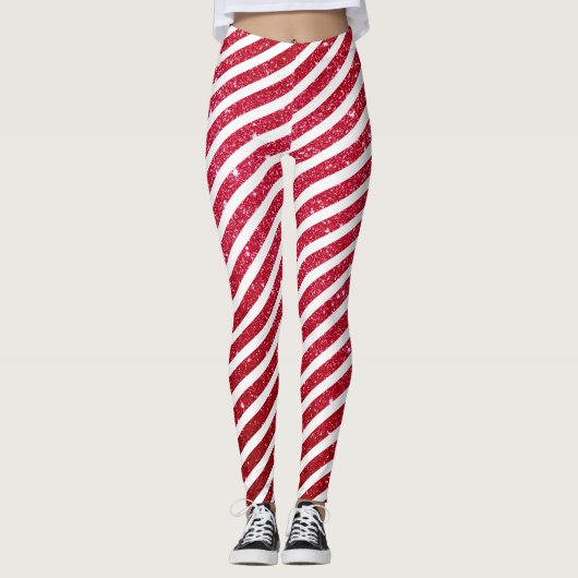 Kerst Candy Cane Glitter Gestreepte pepermunt Leggings (Voorkant)