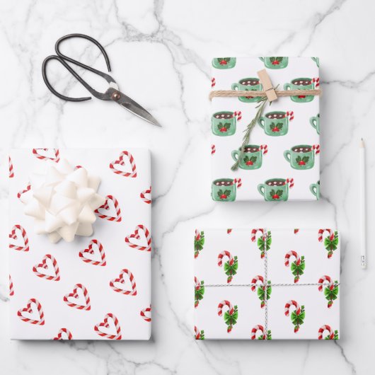 Kerst Candy Cane Hart Cacao Vakantie Plezier Inpakpapier Vel (Voorkant)
