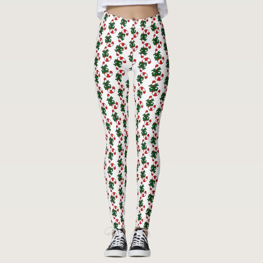 Kerst Candy Cane Patroon met Groene Bogen Leggings (Voorkant)