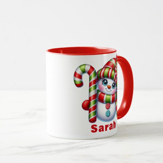 Kerst Candy Cane Snowman Aangepaste naam Mok (Voorkant rechts)