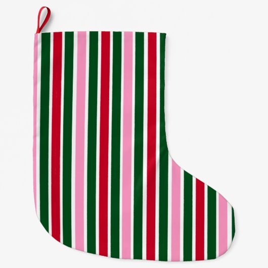 Kerst Candy Cane Stripes in Roze Groen en Rood Grote Kerstsok (Voorkant)