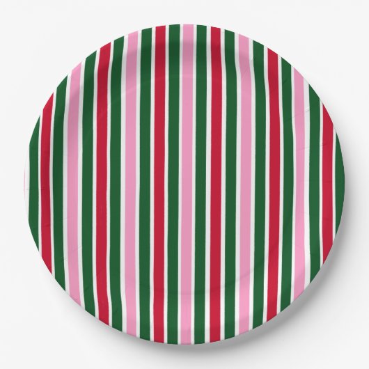Kerst Candy Cane Stripes in Roze Groen en Rood Papieren Bordje (Voorkant)