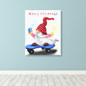 Kerst Canvas Print Schaatsende Kabouter met Cadeau (Insitu (Houten vloer))