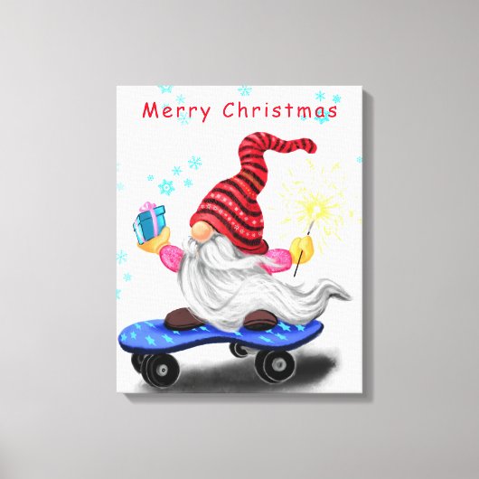 Kerst Canvas Print Schaatsende Kabouter met Cadeau (Voorkant)