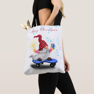 Kerst Canvas tas Skater Gnome met geschenken