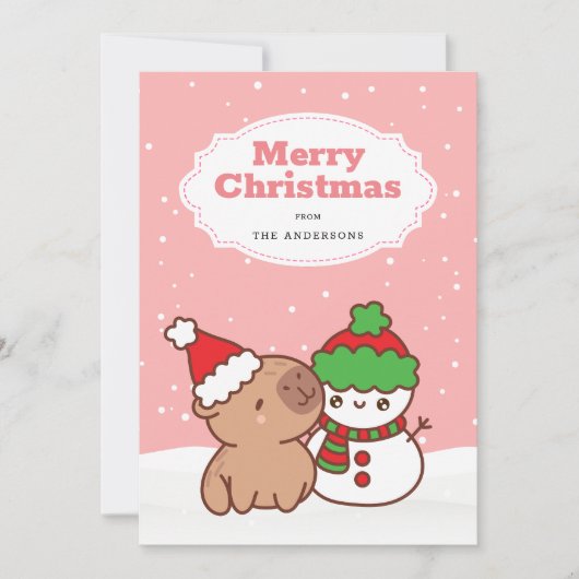 Kerst Capybara en Sneeuwman Schattige Feestdagenkaart (Voorkant)
