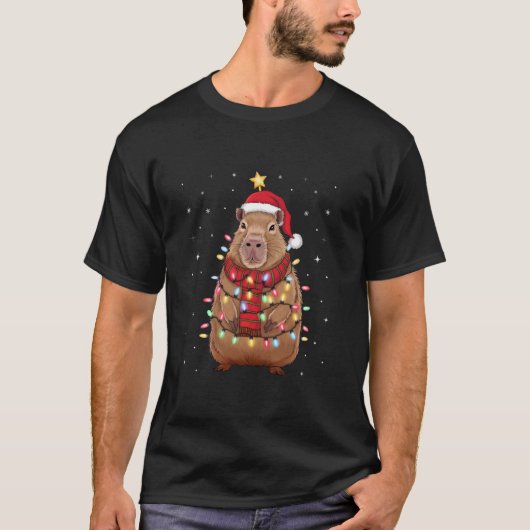 Kerst Capybara met Kerstman Hoed kerstverlichting T-shirt (Voorkant)